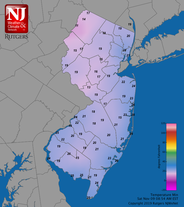 Minimum temperature map at NJWxNet stations on November 9th.