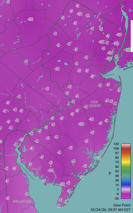 Dew point temperatures at 9:37AM on January 24th. Includes observations from the Rutgers NJ Weather Network, NJ DOT RWIS, National Weather Service, and Delaware Environmental Observing System.