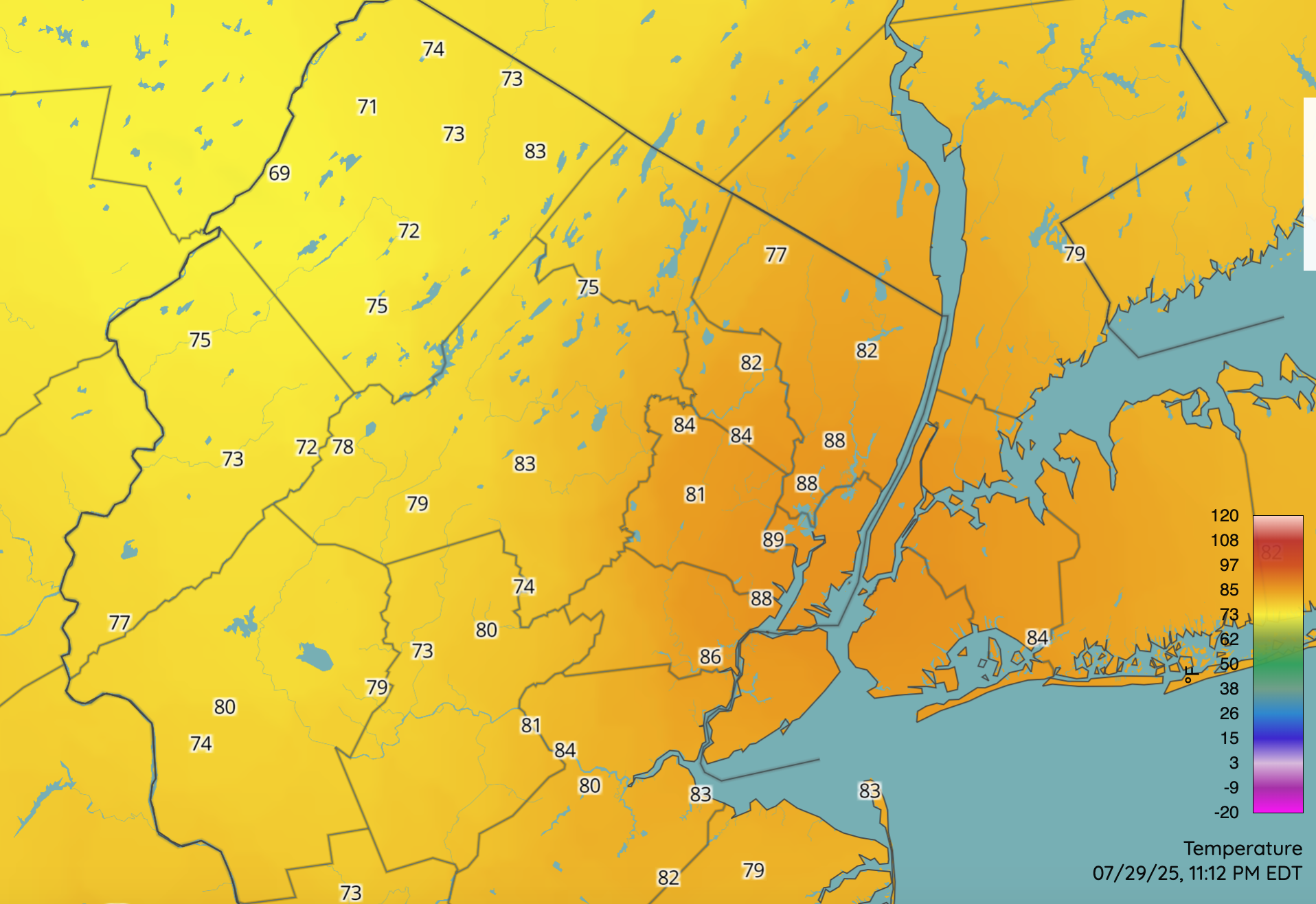 Temperatures across northern NJ and nearby areas at 11:10 PM on July 29th. Observations are from NJWxNet stations and several NWS airport sites.