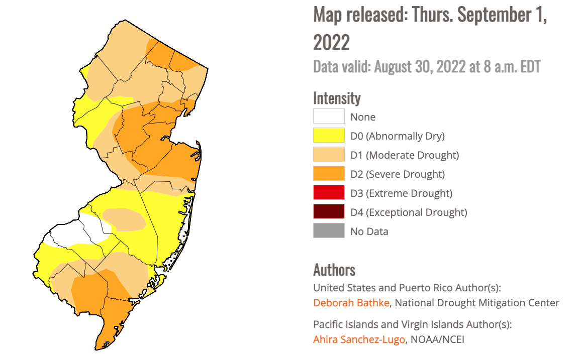 New Jersey portion of the U.S. Drought Monitor map for the last week of August.