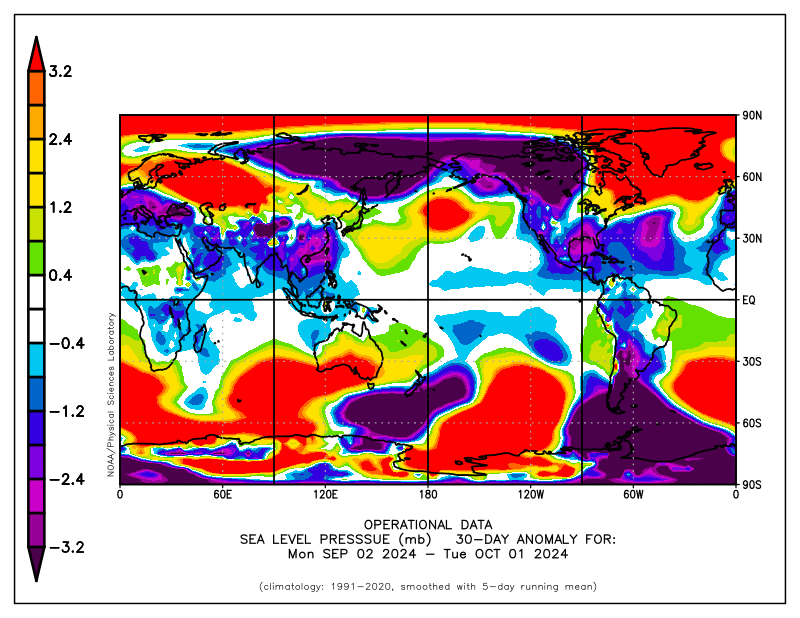 30-day anomaly map of sea level pressure (mb) for the September 2–October 1, 2024, period.