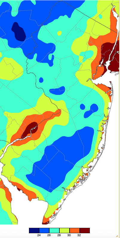 Figure 6. Minimum temperatures on November 29th based on a PRISM (Oregon State University) analysis generated using NWS, NJWxNet, and other professional weather stations. Minimum temperatures on November 29th based on a PRISM (Oregon State University) analysis generated using NWS, NJWxNet, and other professional weather stations.