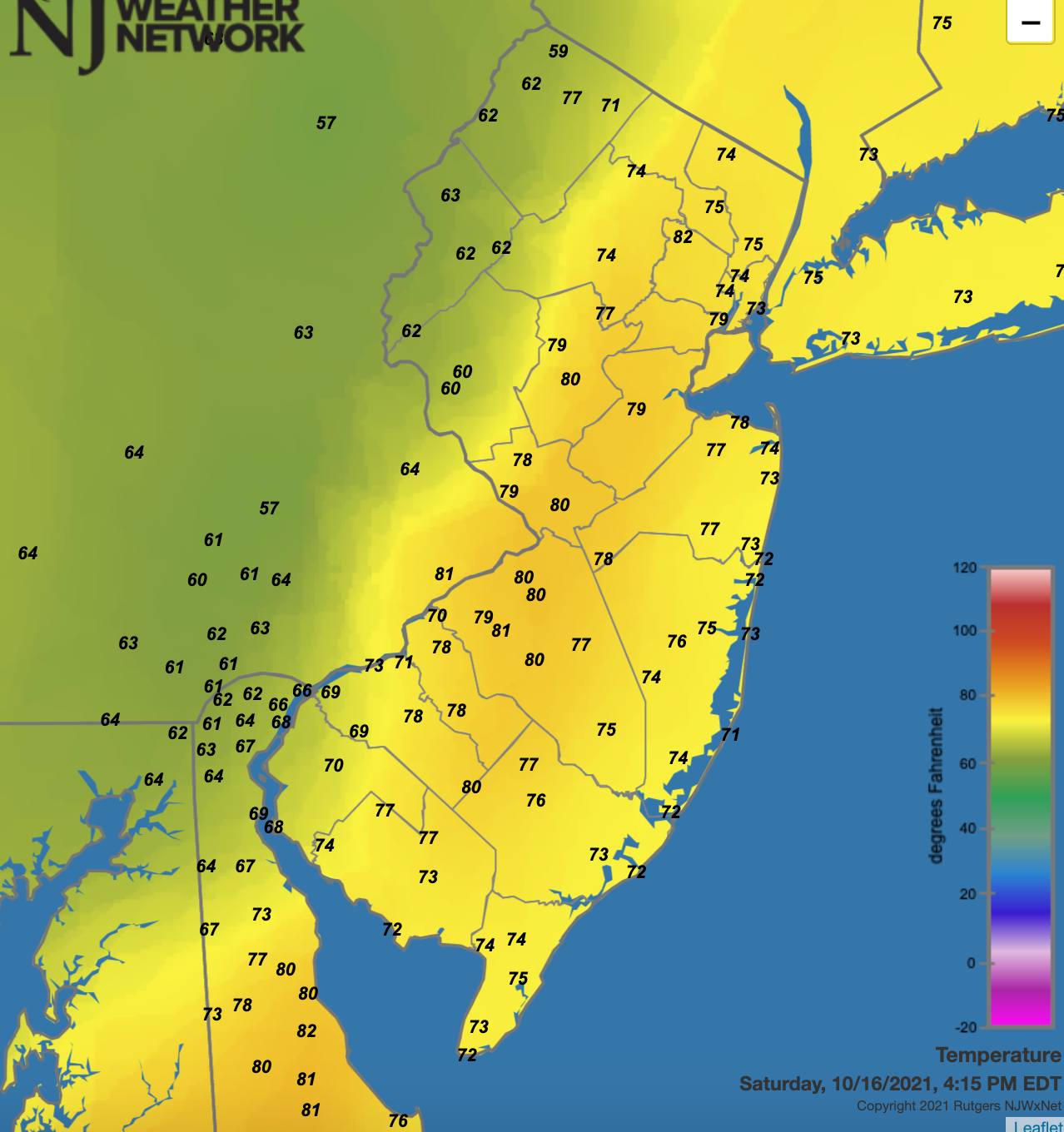 Temperatures across the region at 4:15 PM on October 16th based on data from NJWxNet, NWS, and DEOS weather stations.