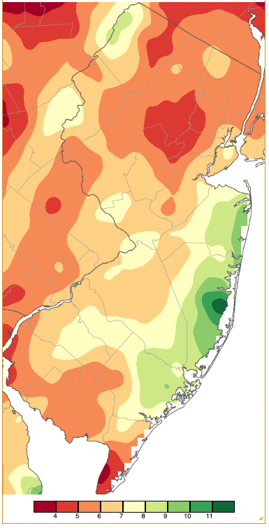 October 2022 precipitation across New Jersey based on a PRISM (Oregon State University) analysis generated using NWS Cooperative and CoCoRaHS observations from 8 AM on September 30th to 8 AM on October 31st.