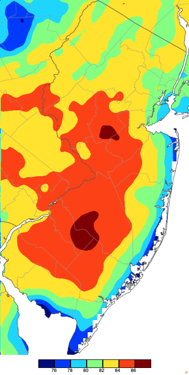 Maximum temperatures on October 22nd based on a PRISM (Oregon State University) analysis generated using NWS, NJWxNet, and other professional weather stations.