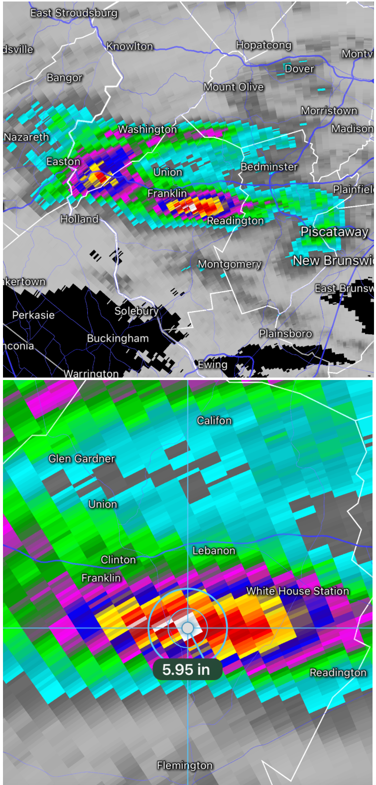 NWS radar-estimated rainfall for west central NJ and extreme eastern PA for June 22nd.