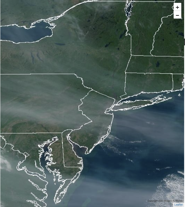 Smoky skies over New Jersey and surroundings at 8:36 AM on May 18th.