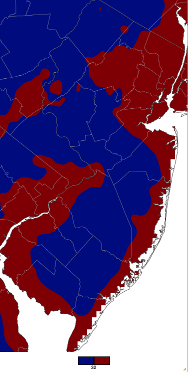 Areas that have experienced a freezing temperature this fall (blue) and those yet to have fallen to below freezing (maroon). Graphic is based on a PRISM (Oregon State University) analysis generated using NWS, NJWxNet, and other professional weather stations.