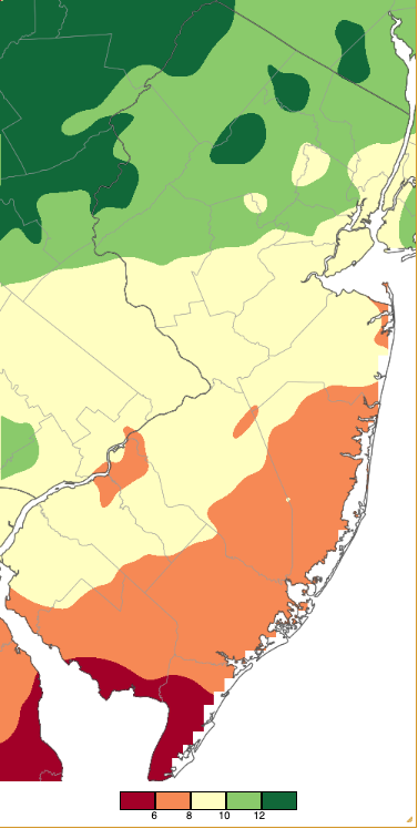 Map of spring 2026 (March 1st–May 31st) precipitation across New Jersey based on a PRISM (Oregon State University) analysis generated using NWS Cooperative and CoCoRaHS observations. Note the scale in full inches at the bottom of the map.