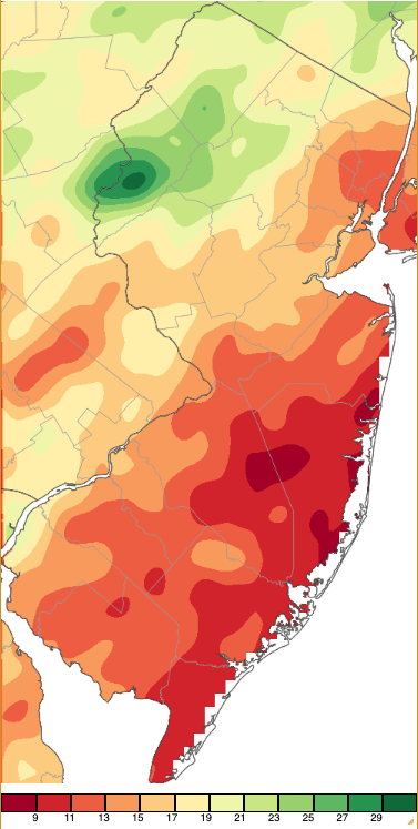Summer precipitation across New Jersey from 8AM on May 31st through 8AM August 31st based on a PRISM (Oregon State University) analysis generated using generated using NWS Cooperative and CoCoRaHS observations.