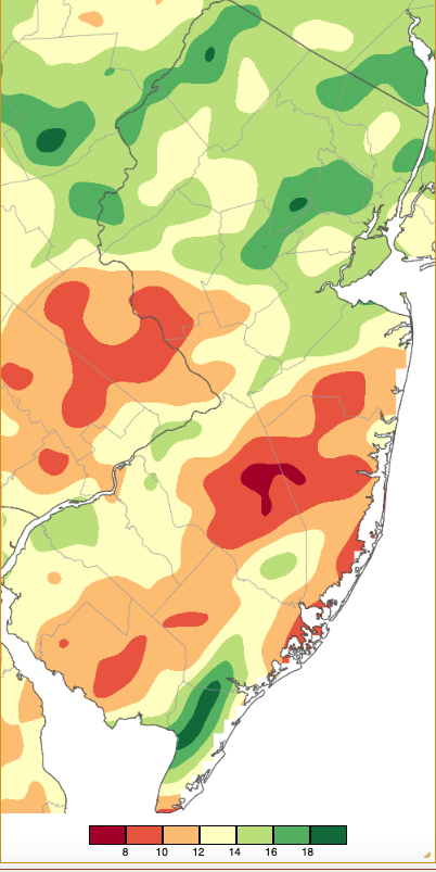 Summer precipitation across New Jersey from 8 AM on May 31st through 8 AM August 31st based on a PRISM (Oregon State University) analysis generated using generated using NWS Cooperative and CoCoRaHS observations.