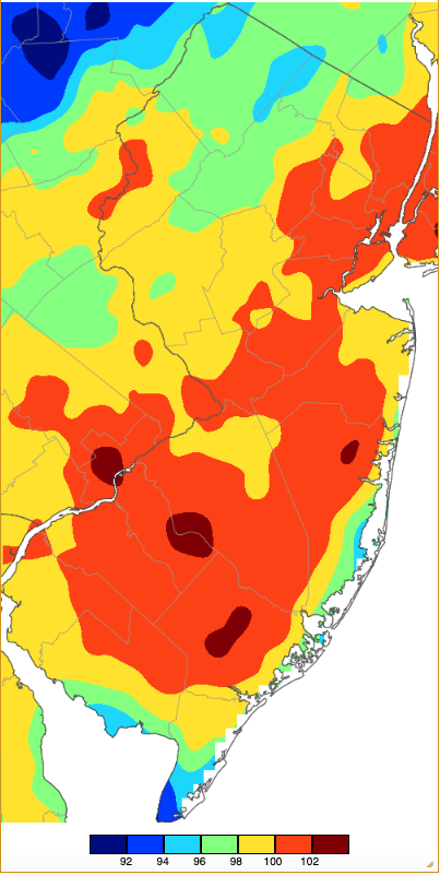 Extreme maximum temperatures during summer 2025 based on a PRISM (Oregon State University) analysis generated using NWS, NJWxNet, and other professional weather stations.