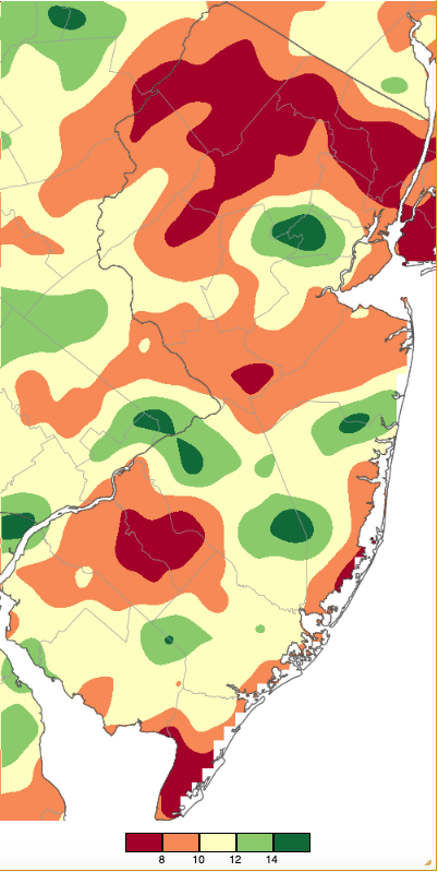 Summer 2025 precipitation across New Jersey from 8 AM on May 31st through 8 AM August 31st based on a PRISM (Oregon State University) analysis generated using generated using NWS Cooperative and CoCoRaHS observations.