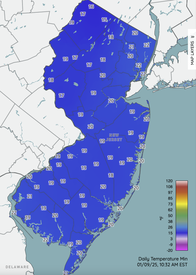 Map of minimum temperatures the morning of January 9th at Rutgers NJ Weather Network stations.