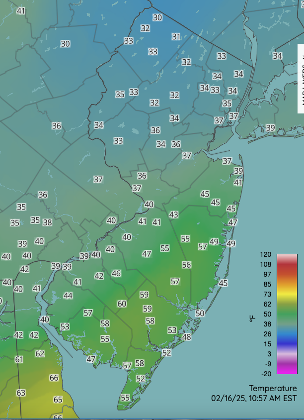 Surface air temperatures at 10:57 AM on February 16th. Map includes observations from NJWxNet, Delaware Environmental Observing System, and National Weather Service stations.