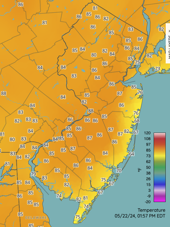 Air temperatures at 1:57 PM EDT on May 22nd. Observations are from NJWxNet, National Weather Service, and Delaware Environmental Observing System stations.