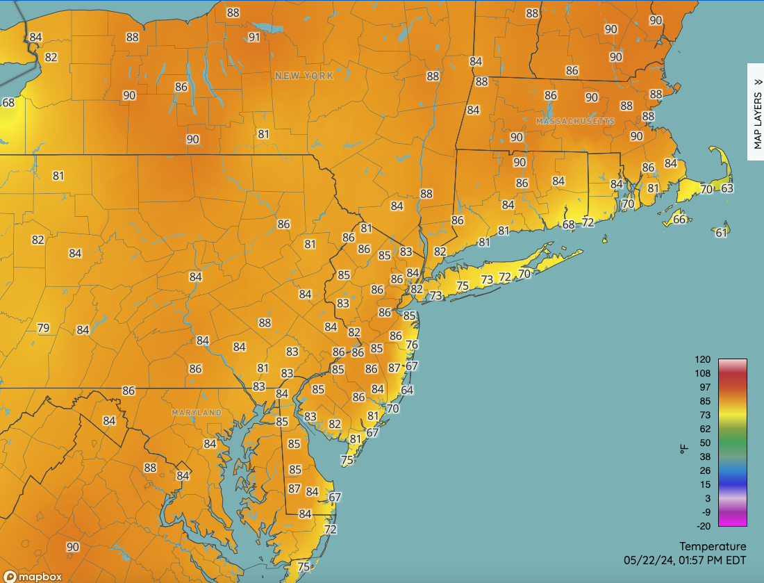Regional air temperatures at 1:57 PM EDT on May 22nd. Observations are from NJWxNet, National Weather Service, and Delaware Environmental Observing System stations.