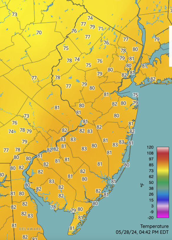 Air temperatures at 4:42 PM EDT on May 28th. Observations are from NJWxNet, National Weather Service, and Delaware Environmental Observing System stations.