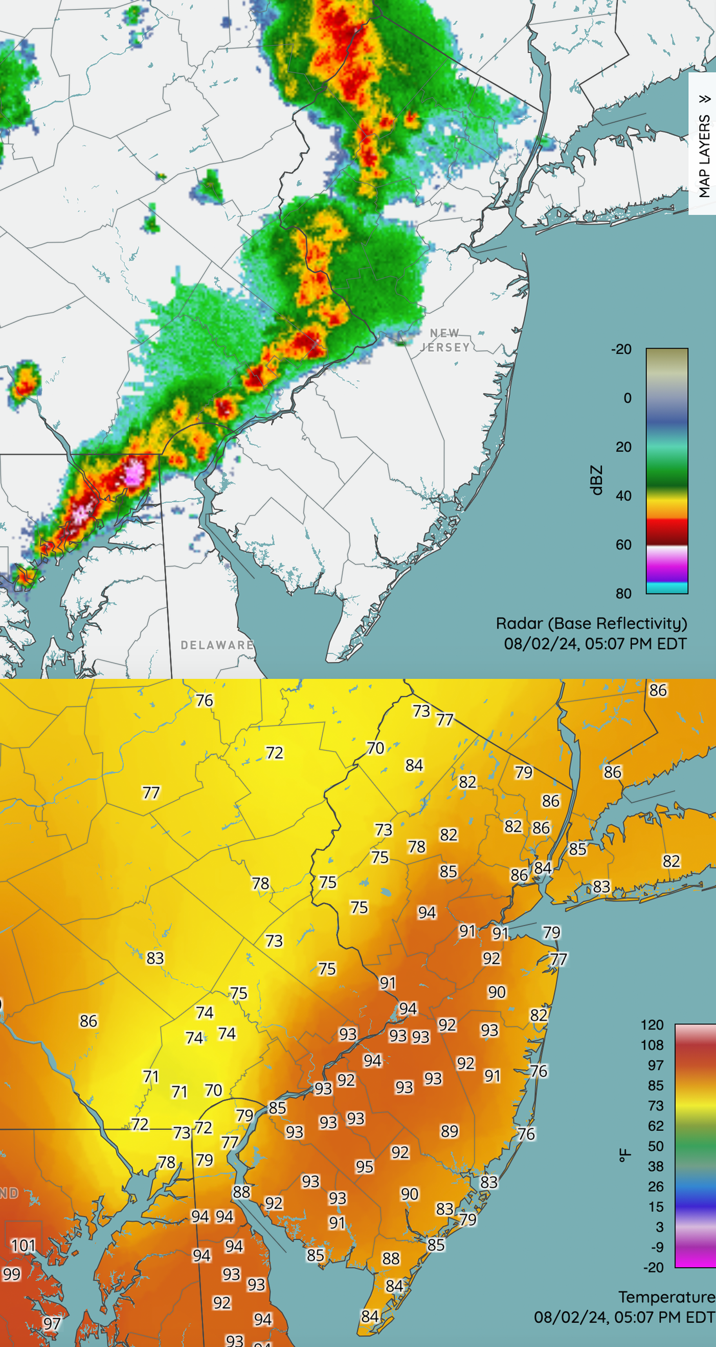 NWS radar (top) and air temperatures (bottom) at 5:07PM on August 2nd (Rutgers NJ Weather Network).