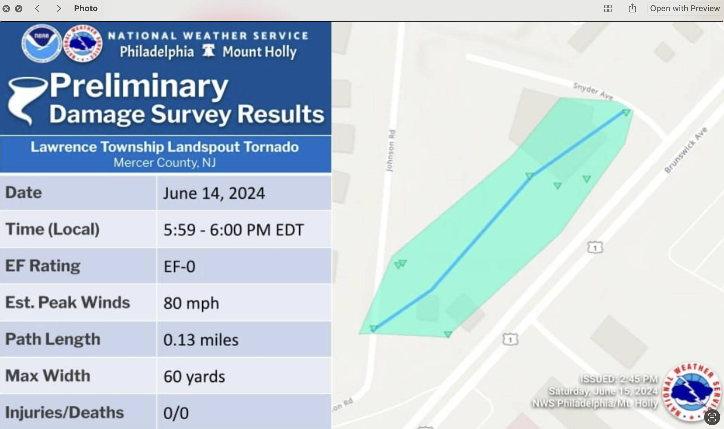 National Weather Service survey report for the EF-0 tornado in Lawrence Township on June 14th.