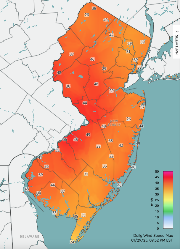 Map of peak wind gusts at NJWxNet stations on the morning of January 29th.