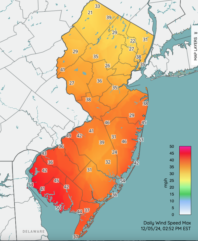 Peak daily wind gusts at NJWxNet stations as of mid-afternoon on December 5th.