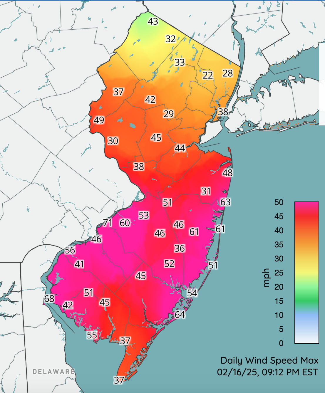 Daily wind speed maximums in mph at NJWxNet stations on February 16th.