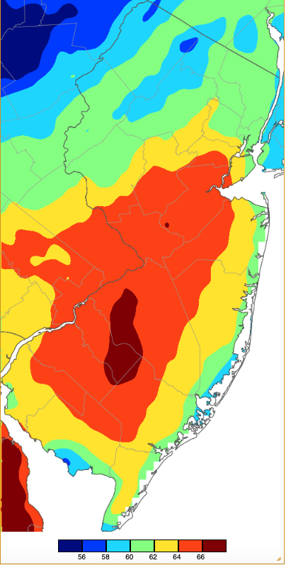 Extreme maximum temperatures during winter 2024/2025 based on a PRISM (Oregon State University) analysis generated using NWS, NJWxNet, and other professional weather stations.