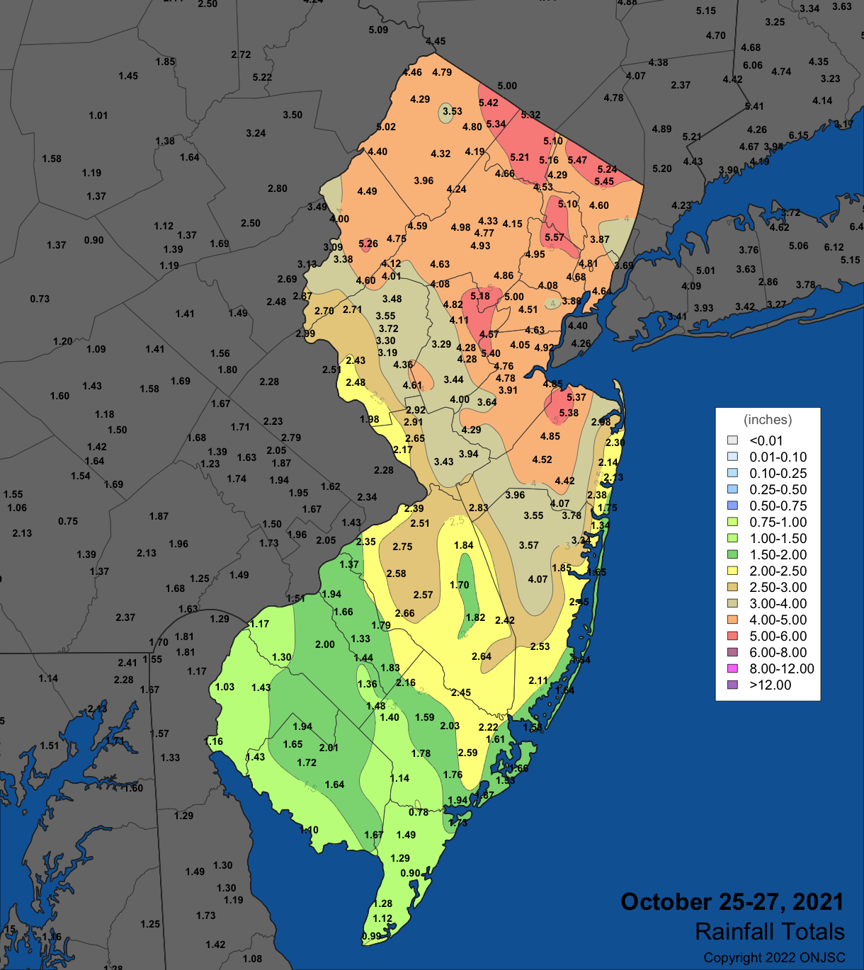October 25th–27th rainfall in NJ and surrounding states based on observations from Rutgers NJ Weather Network, NJ CoCoRaHS, National Weather Service Cooperative stations, and observations from several other networks. Over 350 NJ observations were used to generate the map.