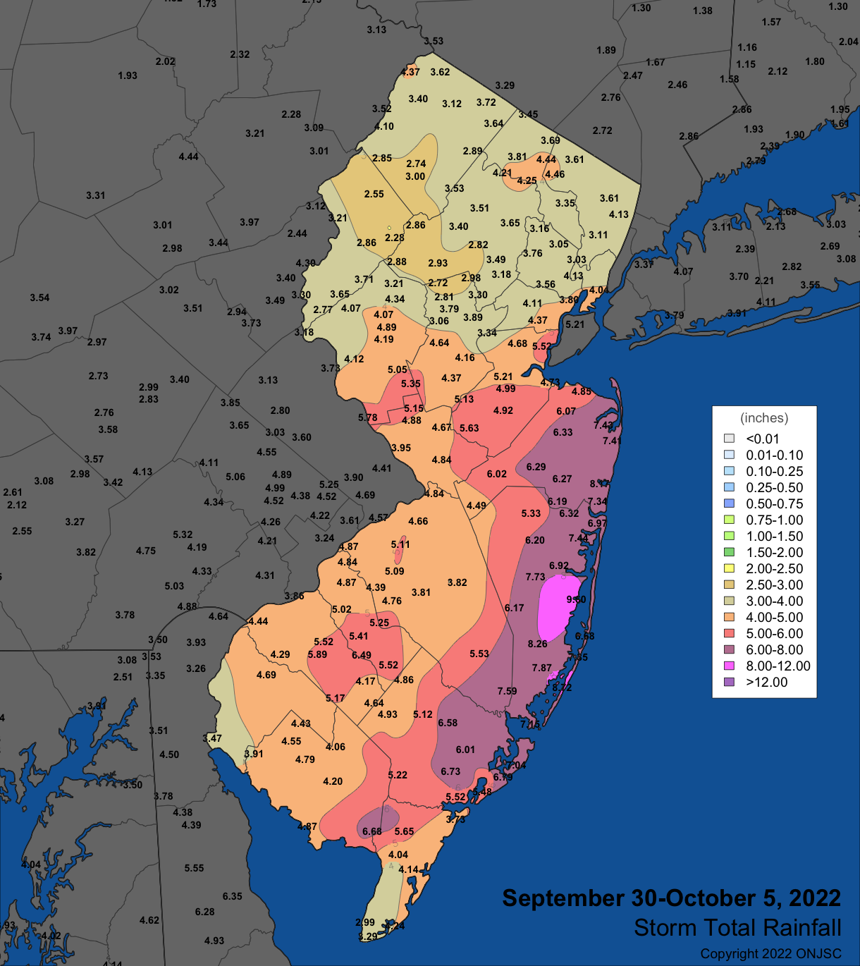 Precipitation across New Jersey from the evening of September 30th through morning of October 5th based on data from NWS Cooperative, CoCoRaHS, and Rutgers NJ Weather Network observations.