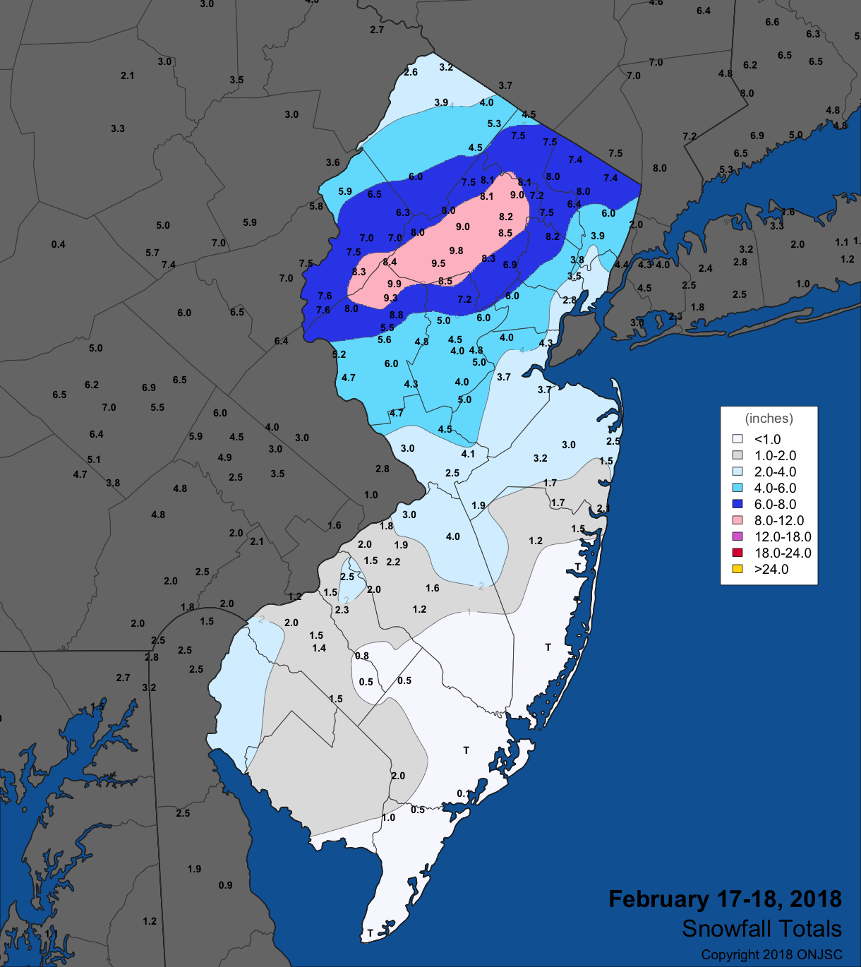 Snowfall map from February 17th–18th