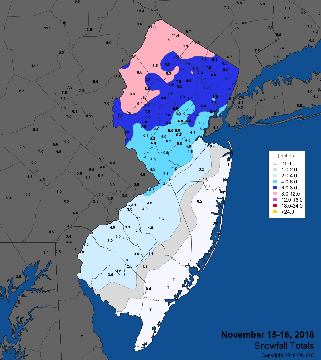 Snowfall map for November 15th-16th event