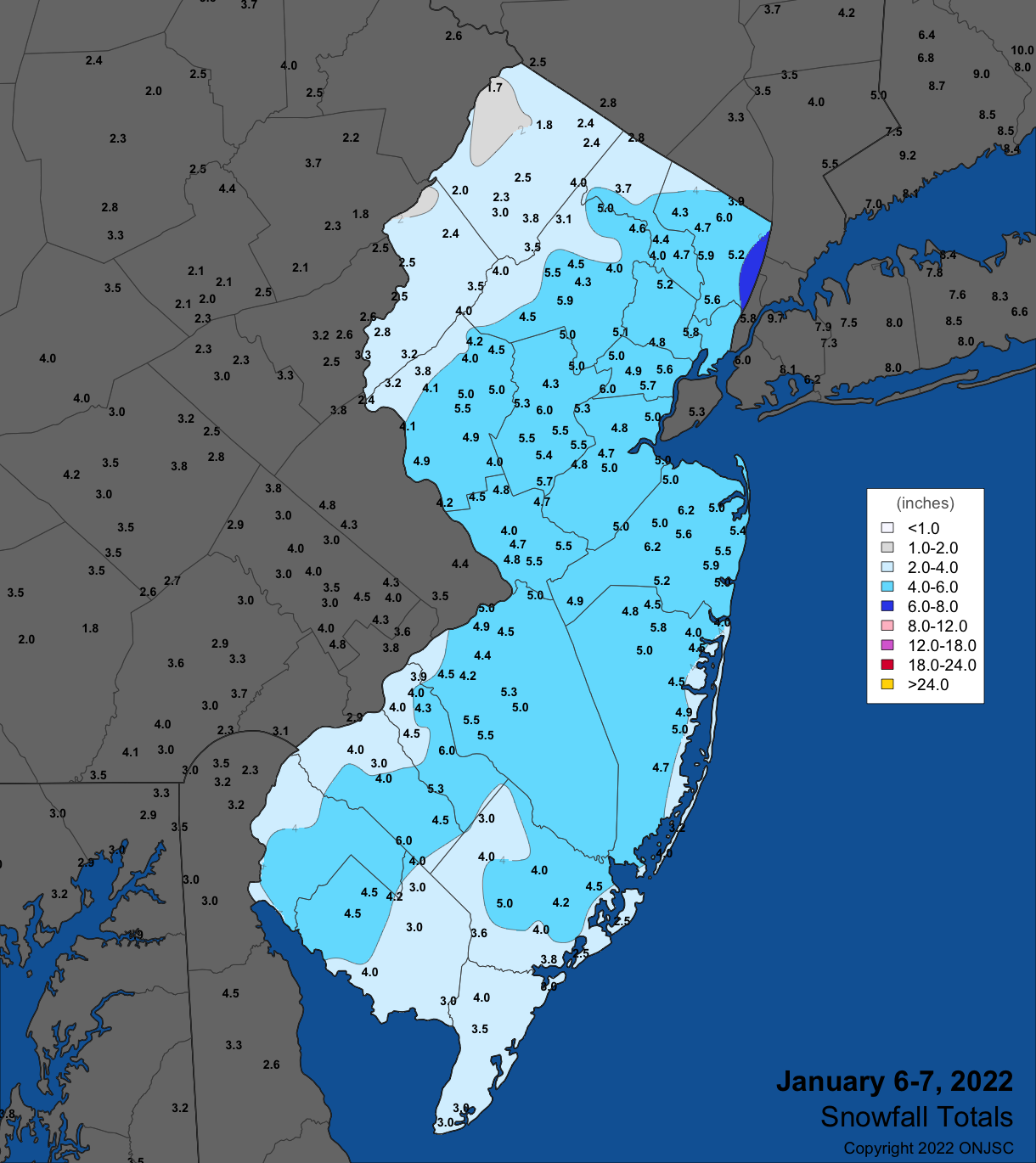 Snowfall on January 6th–7th. Observations are from CoCoRaHS, NWS Cooperative Observer, and NWS Trained Spotter reports.