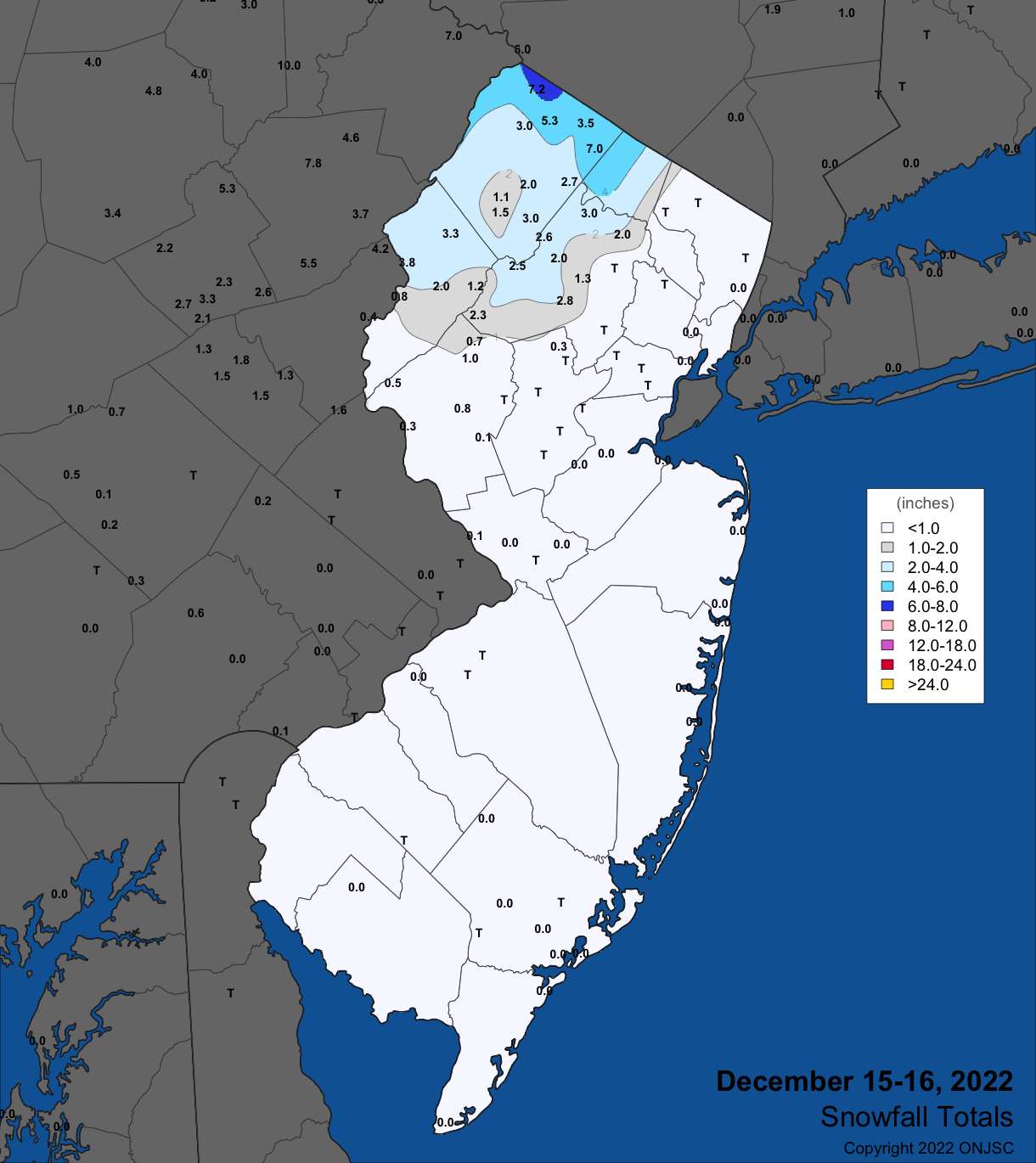 Snowfall on December 15th–16th. Observations are from CoCoRaHS, NWS Cooperative Observer, and NWS trained spotter reports.