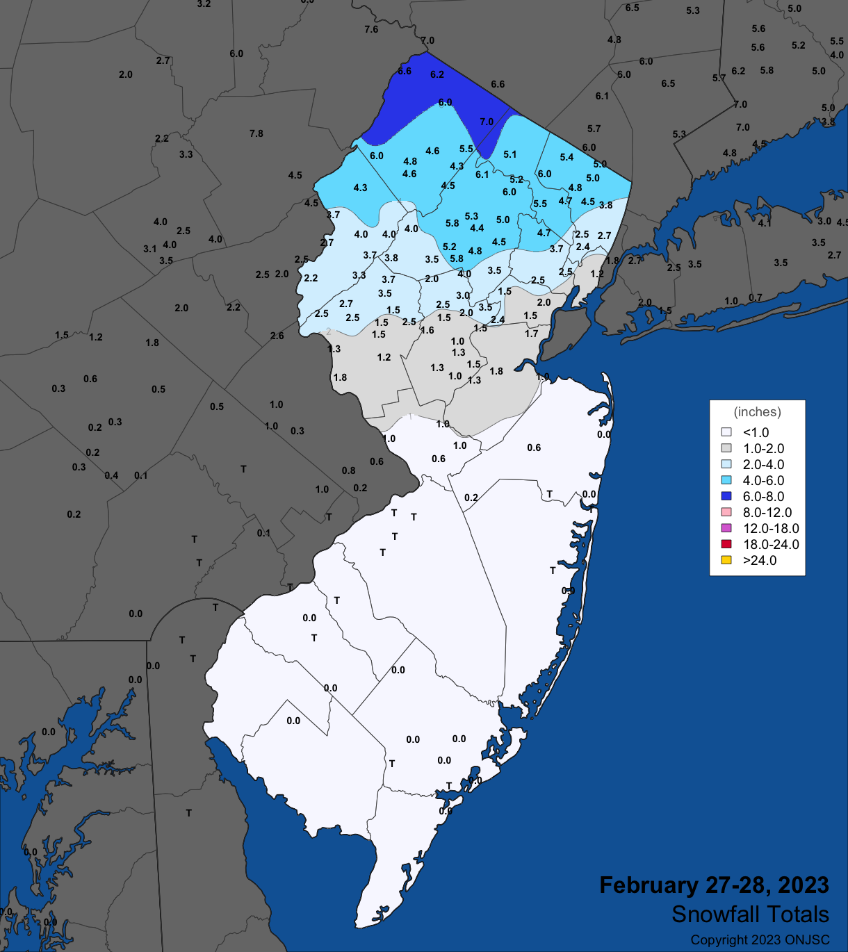 Snowfall on February 27th–28th. Observations are from CoCoRaHS, NWS Cooperative Observer, NWS Trained Spotter, and reports from the North Jersey Weather Observers.