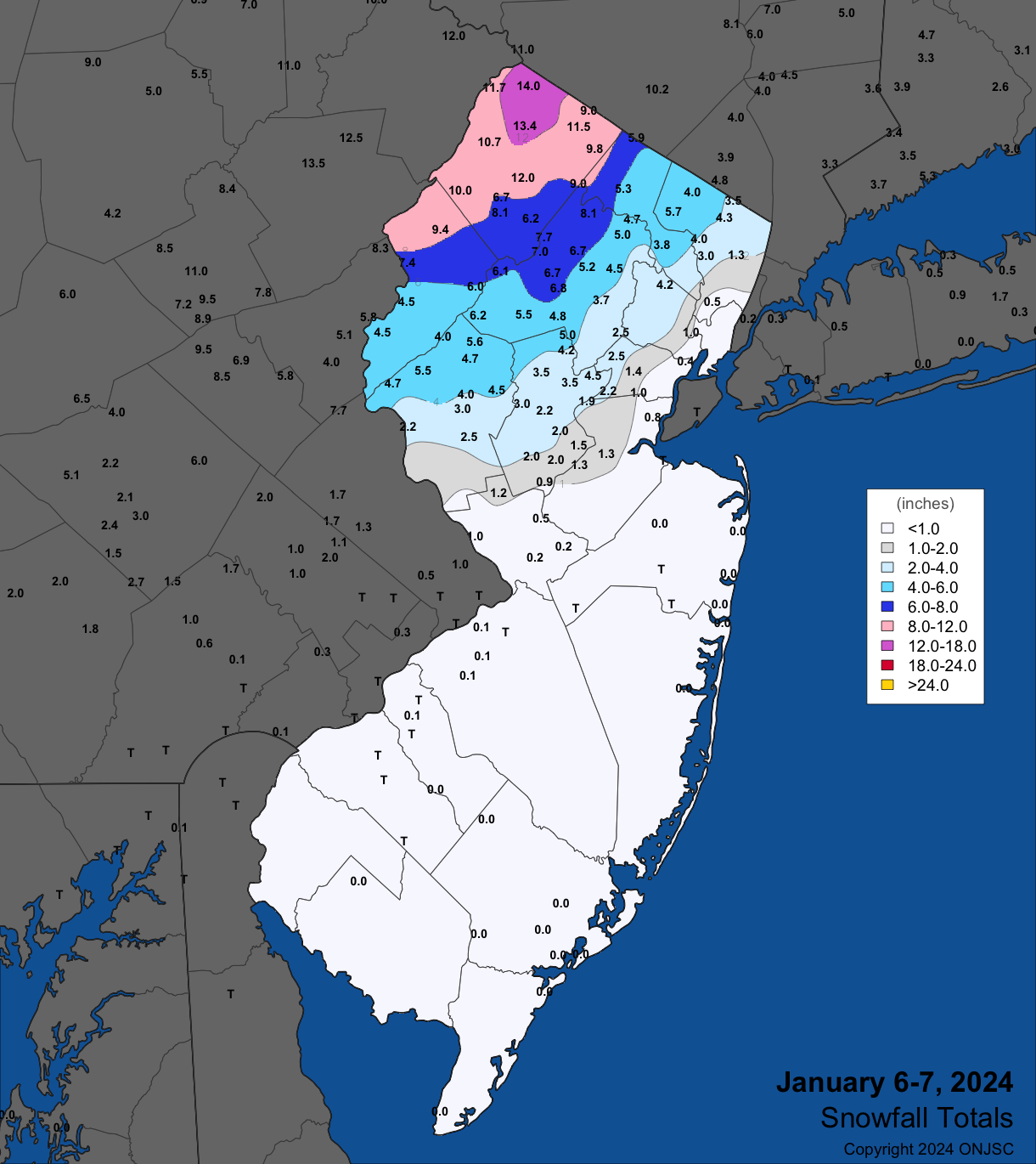 Snowfall from mid-day on January 6th through the morning of January 7th. Observations are from CoCoRaHS, NWS Cooperative Observer, and NWS Spotter reports.