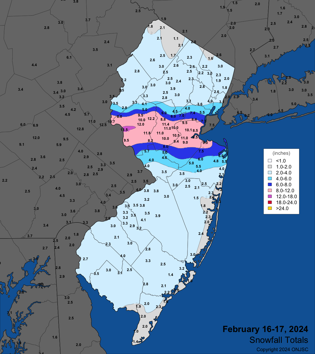 Snowfall on February 16th–17th. Observations are from CoCoRaHS, NWS Cooperative Observer, NWS Trained Spotter, and reports from the North Jersey Weather Observers.