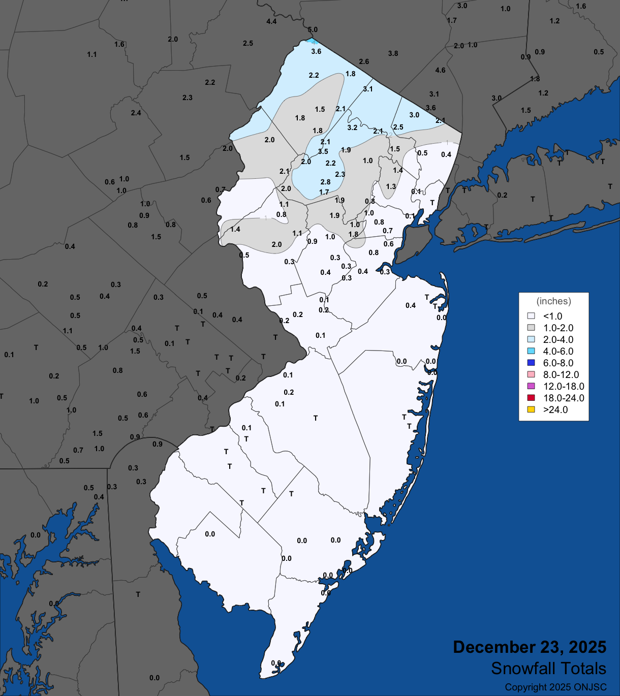 Snowfall on December 23rd. Observations are from CoCoRaHS, NWS Cooperative Observer Program, and NWS Spotter reports.