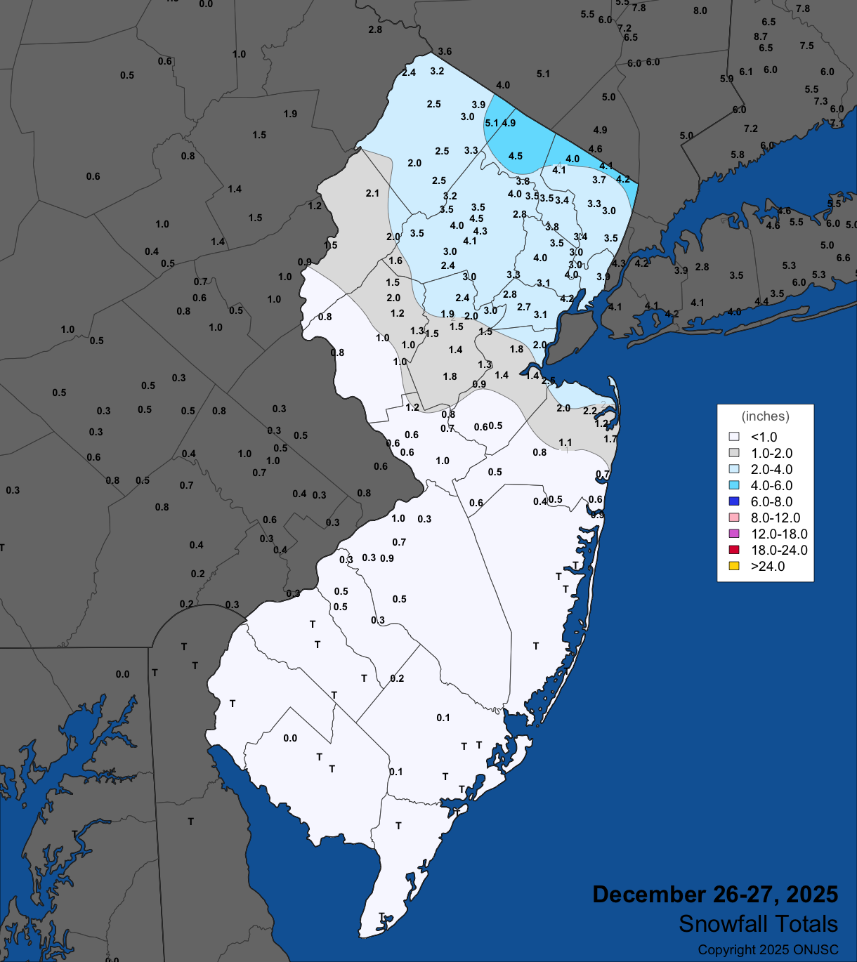Snowfall on December 26th–27th. Observations are from CoCoRaHS, NWS Cooperative Observer Program, and NWS Spotter reports.