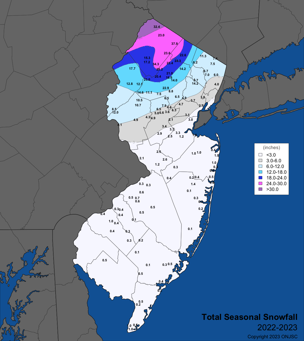 2022–2023 seasonal snowfall across New Jersey based on complete records provided by CoCoRaHS, North Jersey Weather Observer, and NWS Cooperative Network observers.