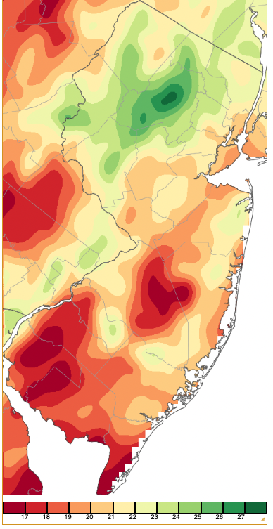 Figure 10. January–June 2023 precipitation across New Jersey based on a PRISM (Oregon State University) analysis generated using NWS Cooperative and CoCoRaHS observations from 7 AM on December 31st to 8 AM on June 30th. Note the scale in full inches at the bottom of the map. Totals range from 16.00”–16.99” (dark red) to 27.00”–27.99” (dark green). January–June 2023 precipitation across New Jersey based on a PRISM (Oregon State University) analysis generated using NWS Cooperative and CoCoRaHS observations from 7 AM on December 31st to 8 AM on June 30th.