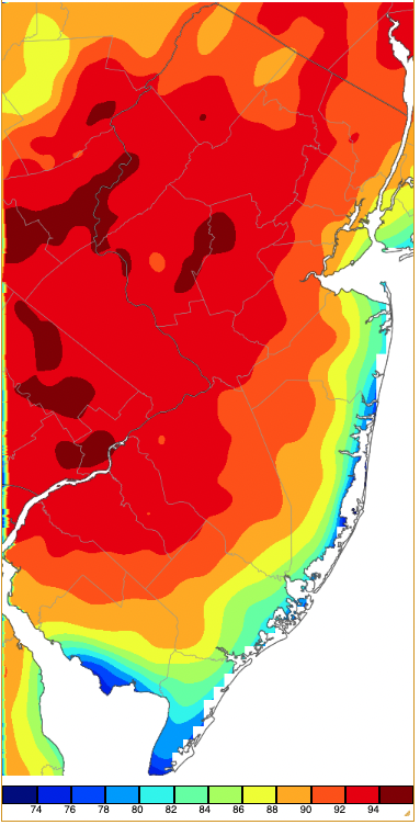 Figure 8. Maximum temperatures on June 2nd based on a PRISM (Oregon State University) analysis generated using NWS, NJWxNet, and other professional weather stations. Note the 2° scale beneath the map. Maximum temperatures on June 2nd based on a PRISM (Oregon State University) analysis generated using NWS, NJWxNet, and other professional weather stations.