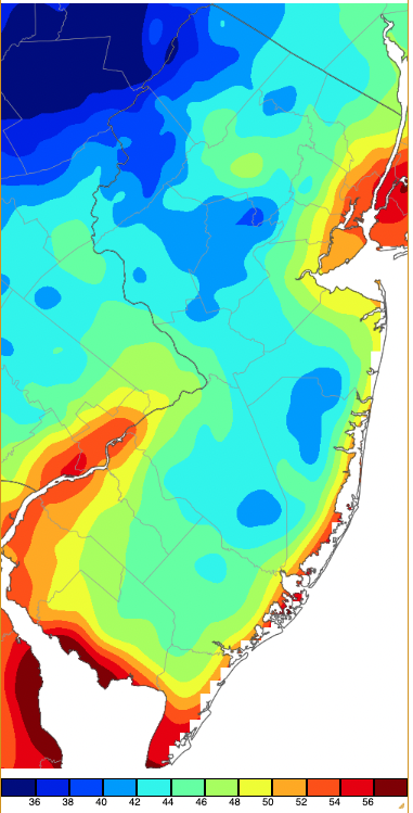 Figure 9. Minimum temperatures on June 8th based on a PRISM (Oregon State University) analysis generated using NWS, NJWxNet, and other professional weather stations. Note the 2° scale beneath the map. Minimum temperatures on June 8th based on a PRISM (Oregon State University) analysis generated using NWS, NJWxNet, and other professional weather stations.