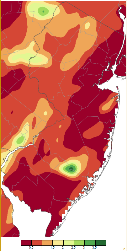 Figure 6. Precipitation across New Jersey from 8 AM on June 23rd through 8 AM June 25th based on a PRISM (Oregon State University) analysis generated using NWS Cooperative, CoCoRaHS, NJWxNet, and other professional weather station observations. Note the scale in inches beneath the map. Precipitation across New Jersey from 8 AM on June 23rd through 8 AM June 25th based on a PRISM (Oregon State University) analysis generated using NWS Cooperative, CoCoRaHS, NJWxNet, and other professional weather station observations.