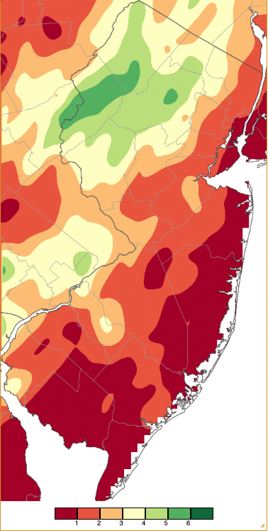 Figure 7. Precipitation across New Jersey from 8 AM on June 25th through 8 AM June 28th based on a PRISM (Oregon State University) analysis generated using NWS Cooperative, CoCoRaHS, NJWxNet, and other professional weather station observations. Note the scale in inches beneath the map that differs from Figure 6. Precipitation across New Jersey from 8 AM on June 25th through 8 AM June 28th based on a PRISM (Oregon State University) analysis generated using NWS Cooperative, CoCoRaHS, NJWxNet, and other professional weather station observations.
