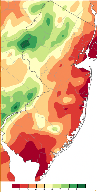 Figure 1. June 2023 precipitation across New Jersey based on a PRISM (Oregon State University) analysis generated using NWS Cooperative, CoCoRaHS, NJWxNet, and other professional weather station observations from approximately 8 AM on May 31st to 8 AM on June 30th. Note the scale in inches at the bottom of the map. Totals range from 1.00”–1.99” (dark red) to 9.00”–9.99” (dark green). June 2023 precipitation across New Jersey based on a PRISM (Oregon State University) analysis generated using NWS Cooperative, CoCoRaHS, NJWxNet, and other professional weather station observations from approximately 8 AM on May 31st to 8 AM on June 30th.