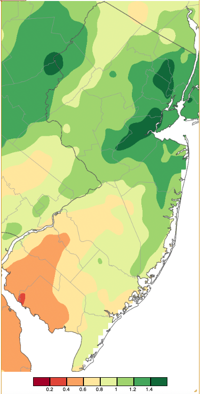 Figure 2. Precipitation across New Jersey from 7 AM on March 3rd through 7 AM March 4th based on a PRISM (Oregon State University) analysis generated using NWS Cooperative, CoCoRaHS, NJWxNet, and other professional weather station observations. Note the scale in inches beneath the map. Precipitation across New Jersey from 7 AM on March 3rd through 7 AM March 4th based on a PRISM (Oregon State University) analysis generated using NWS Cooperative, CoCoRaHS, NJWxNet, and other professional weather station observations.