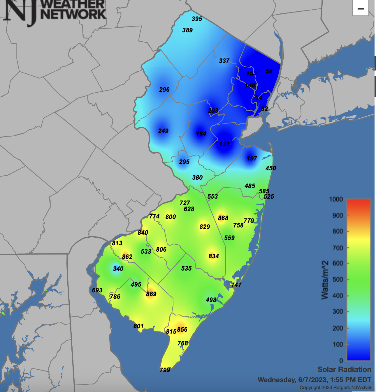 Figure 4. Solar radiation observed at NJWxNet stations at 1:55 PM on June 7th. Solar radiation observed at NJWxNet stations at 1:55 PM on June 7th.