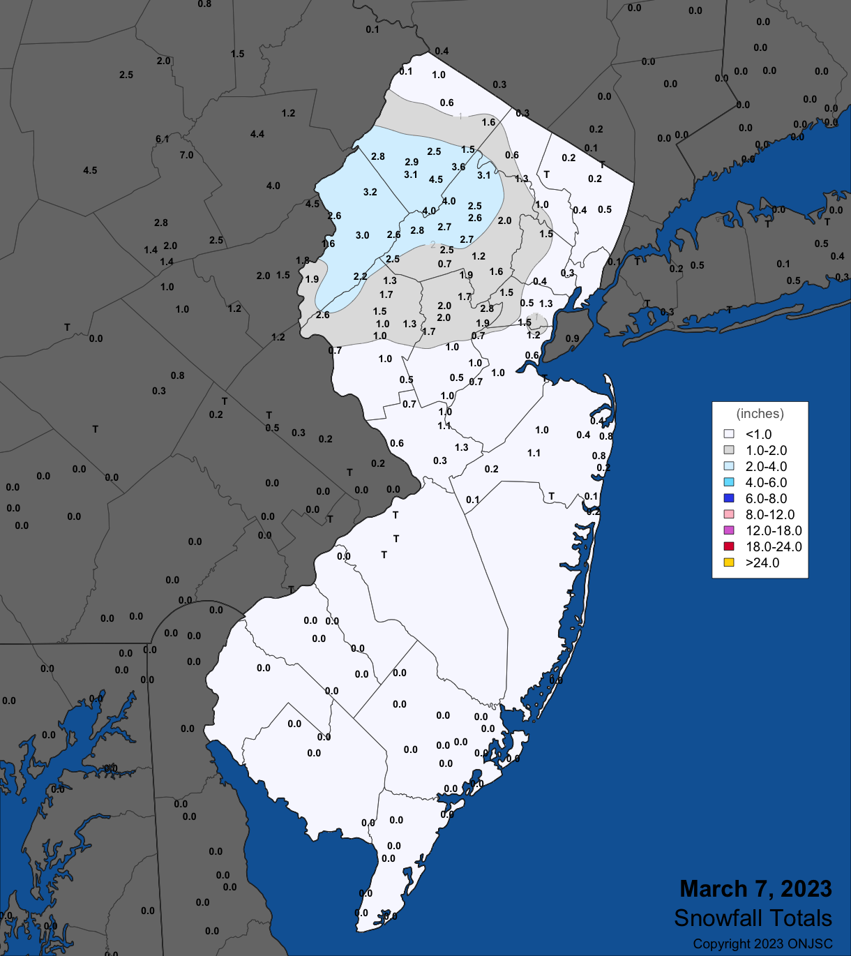 Figure 3. Snowfall on March 7th. Observations are from CoCoRaHS, NWS Cooperative Observer, NWS Trained Spotter, and North Jersey Weather Observers contributors. Snowfall on March 7th.